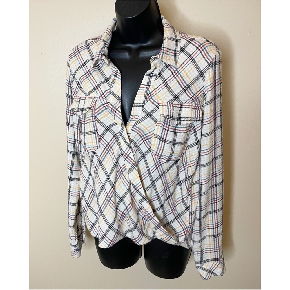Splendid Driftwood Plaid Flannel Surplice Top